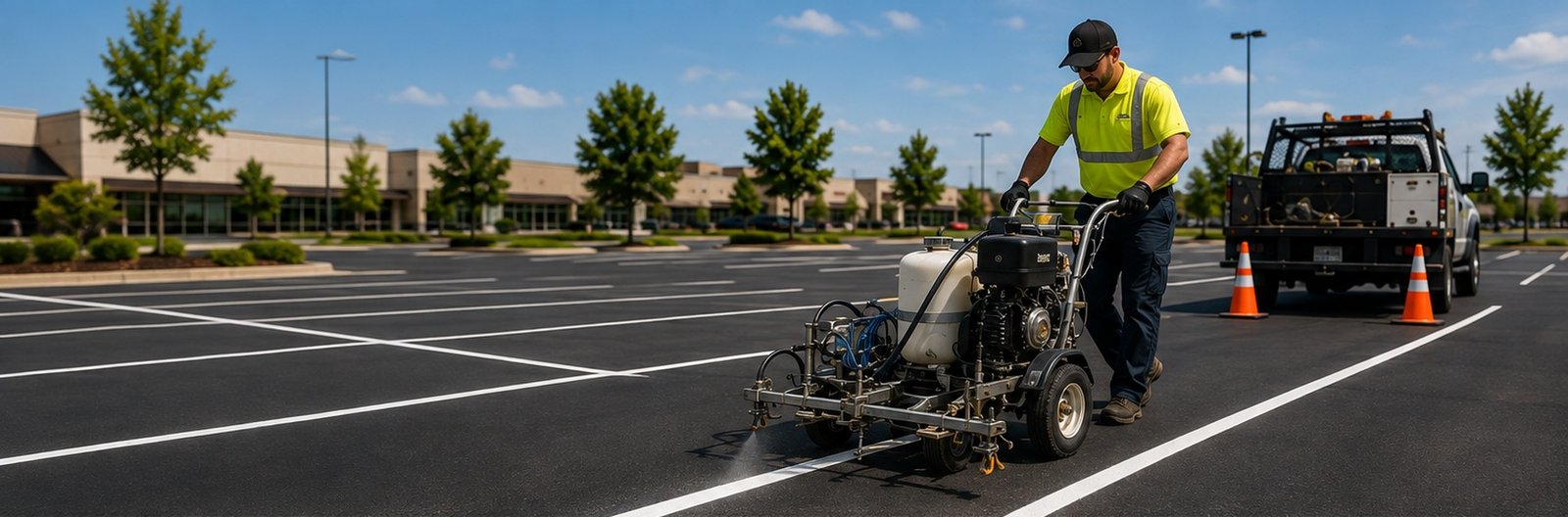 Line-striping crew laying a fresh line on a Wichita commercial parking lot
