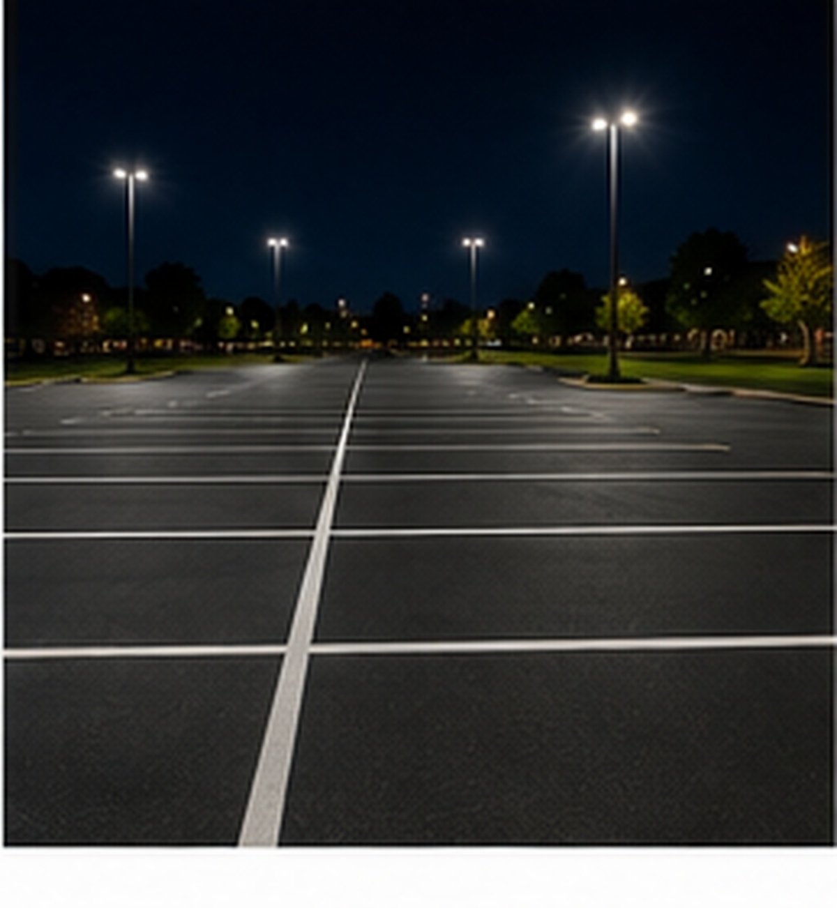 A Wichita commercial parking lot with fresh, visible striping at night