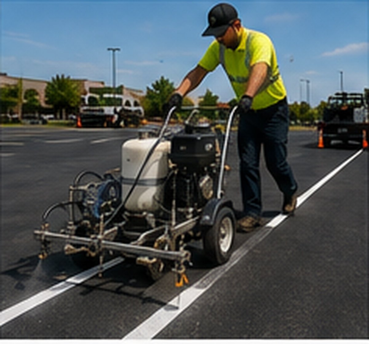 Laser-guided striping machine laying a fresh line on a Wichita commercial lot