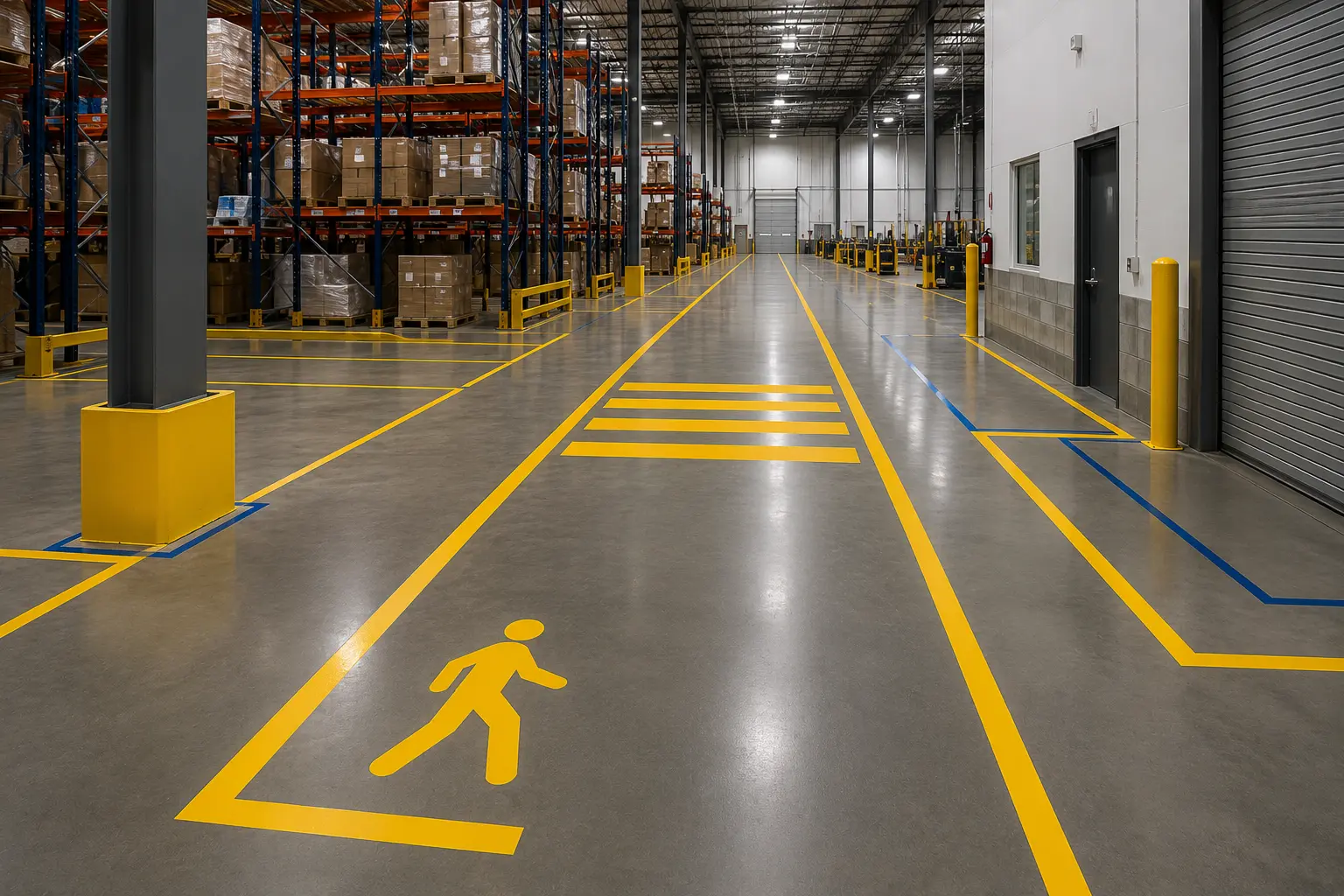 Forklift lane, pedestrian walkway, and safety-zone floor striping inside a Wichita warehouse